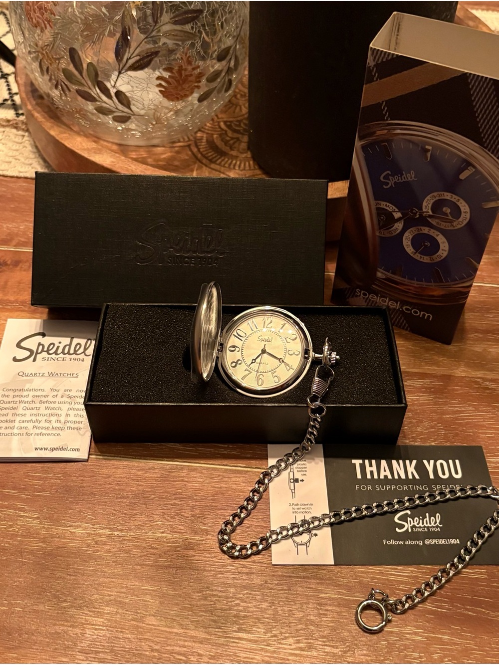 Speidel Silver and White Pocket Watch with Matching Chain